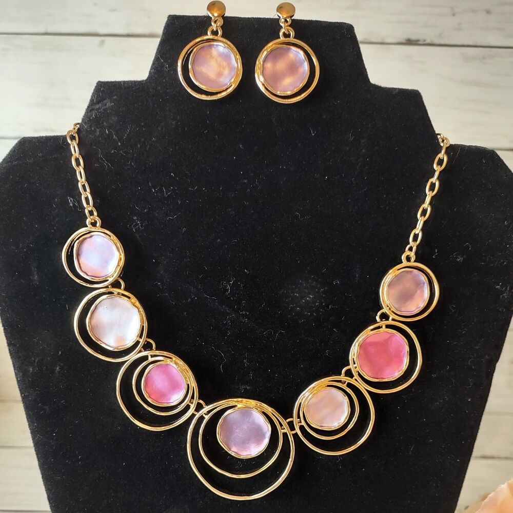 New Bold Statement Circle Necklace & Earrings Gold Tone & Purples Elegant